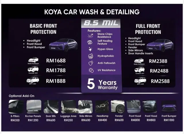Official KOYA price card: PPF 8.5 mil Front Protection