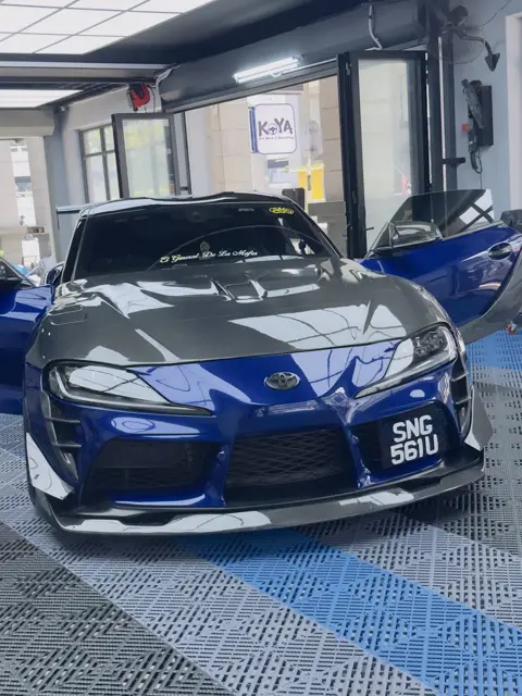 Blue Toyota Supra after detailing, front view
